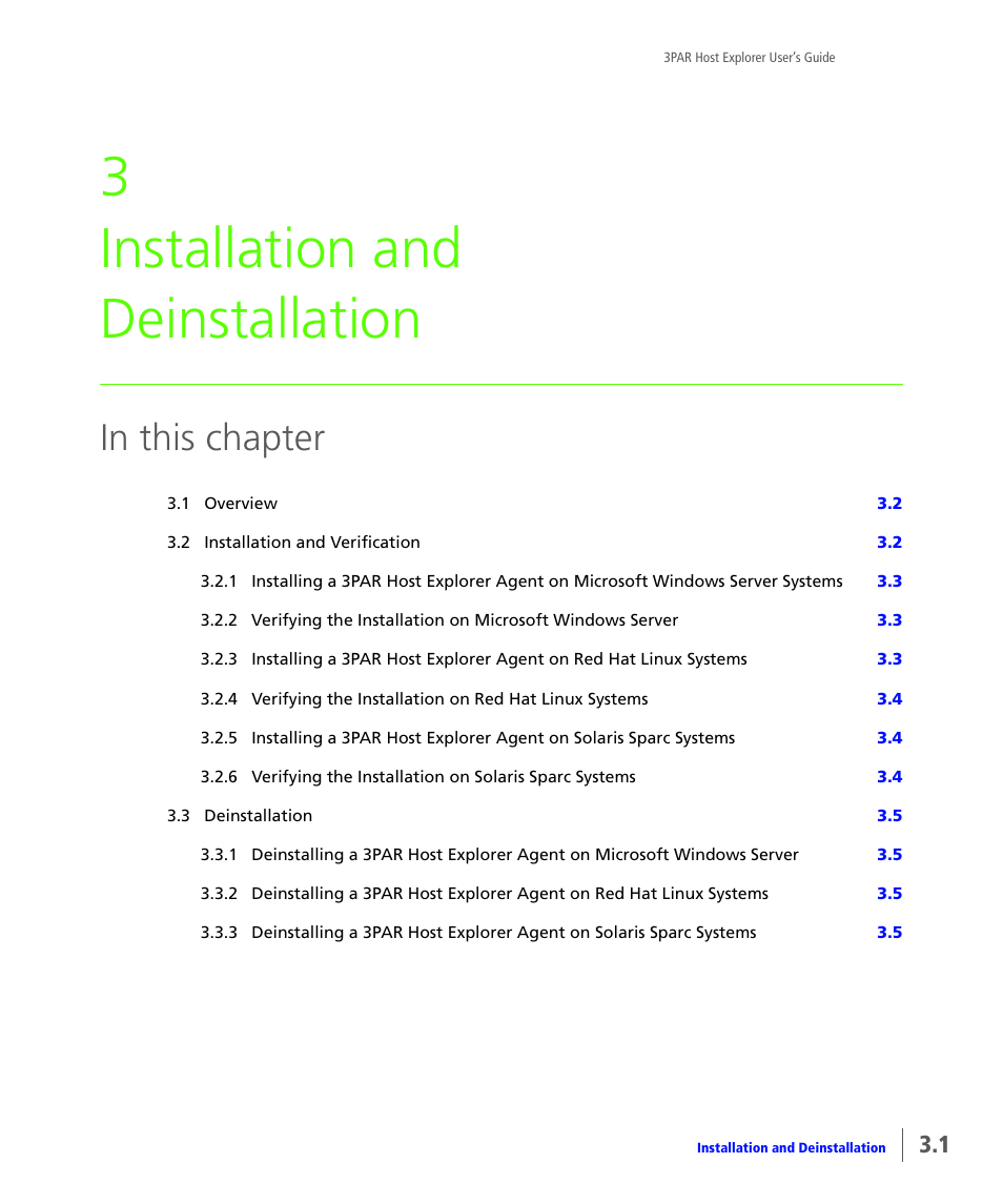 Installation and deinstallation, Chapter 3, installation and deinstallation, Describ | 3 installation and deinstallation | HP 3PAR Host Explorer Software User Manual | Page 11 / 28