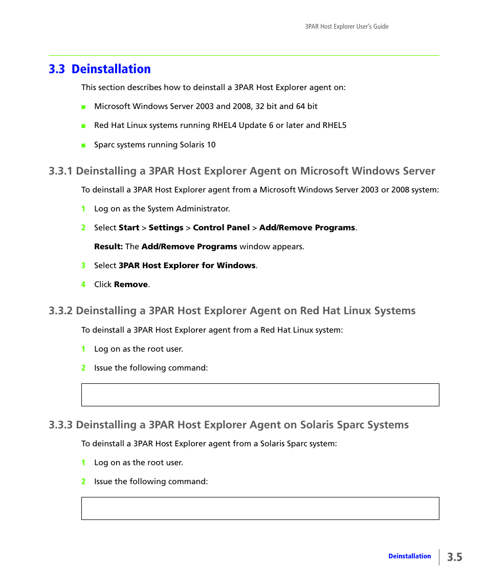 3 deinstallation, Deinstallation | HP 3PAR Host Explorer Software User Manual | Page 15 / 28