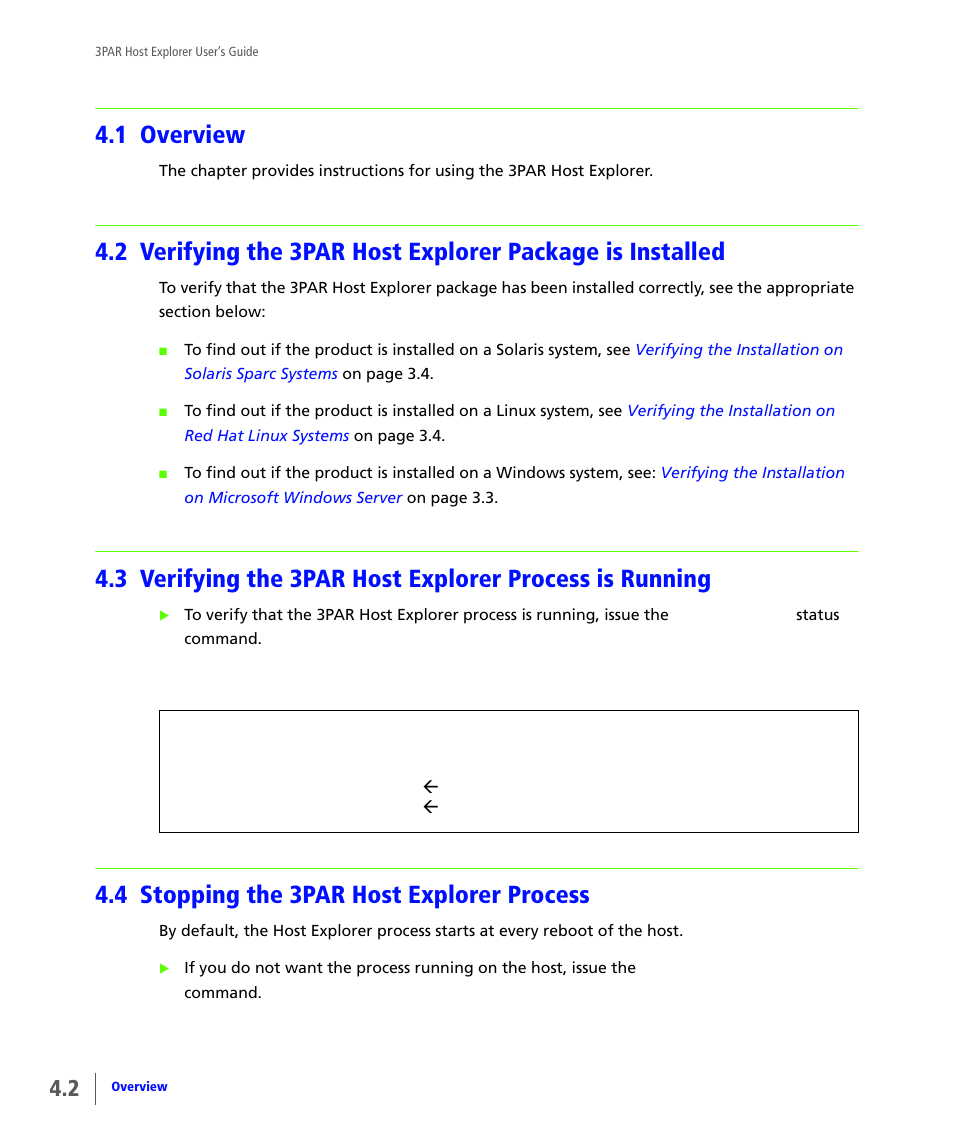 1 overview, 4 stopping the 3par host explorer process, Overview | Stopping the 3par host explorer process | HP 3PAR Host Explorer Software User Manual | Page 18 / 28