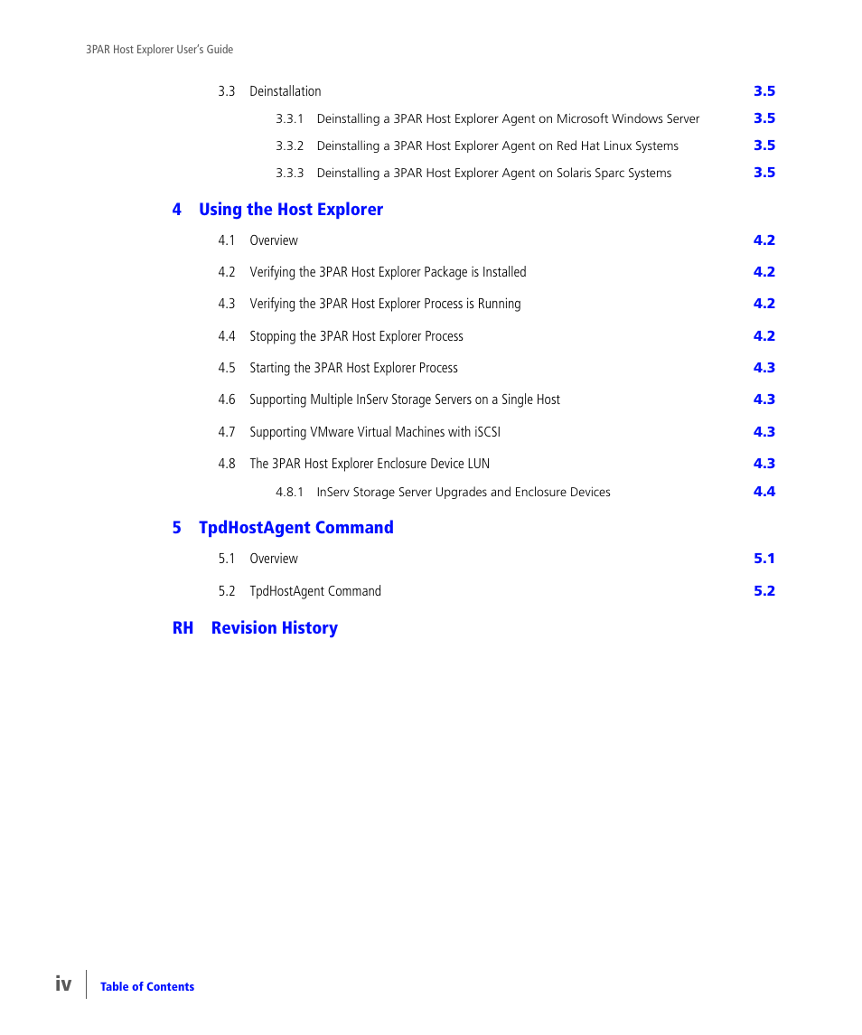 4using the host explorer, 5tpdhostagent command, Rh revision history | HP 3PAR Host Explorer Software User Manual | Page 4 / 28
