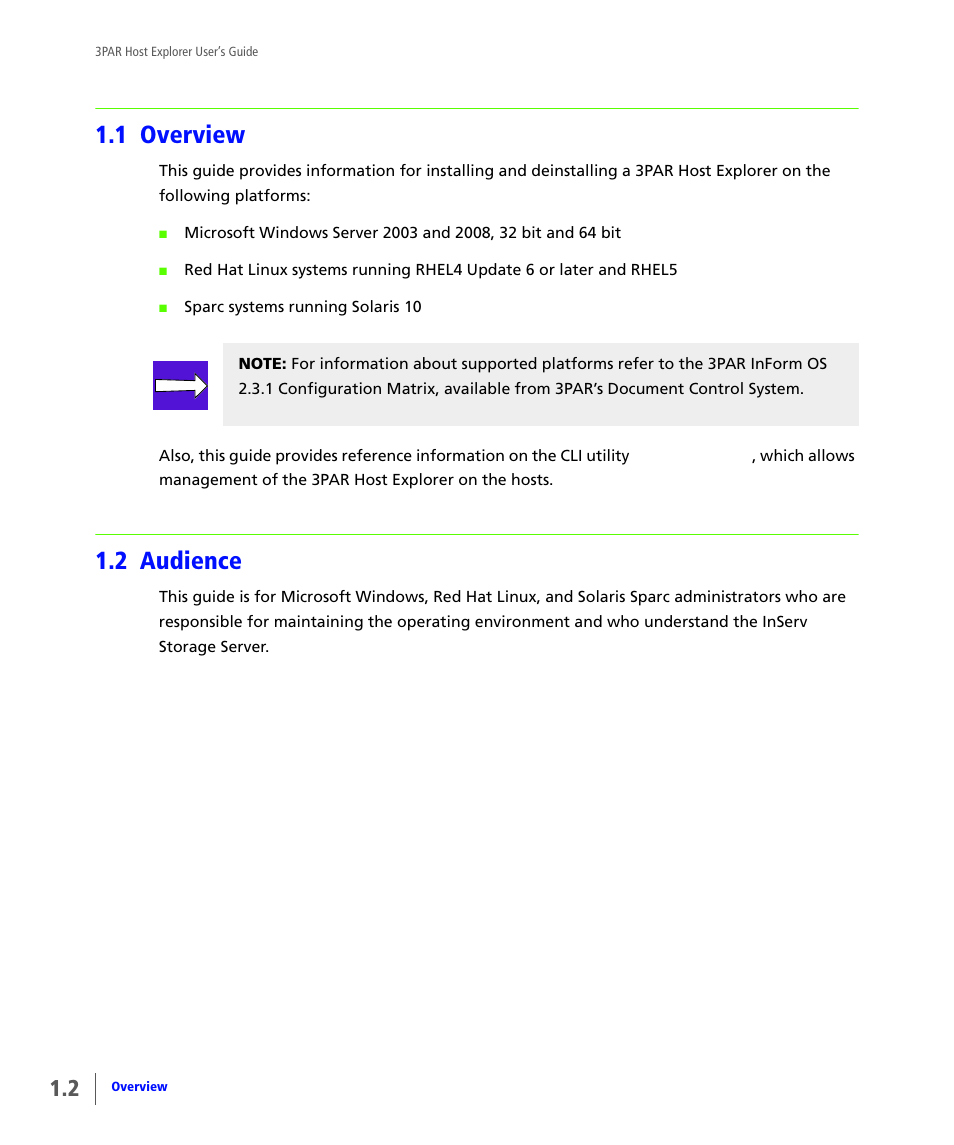 1 overview, 2 audience, Overview | Audience | HP 3PAR Host Explorer Software User Manual | Page 6 / 28