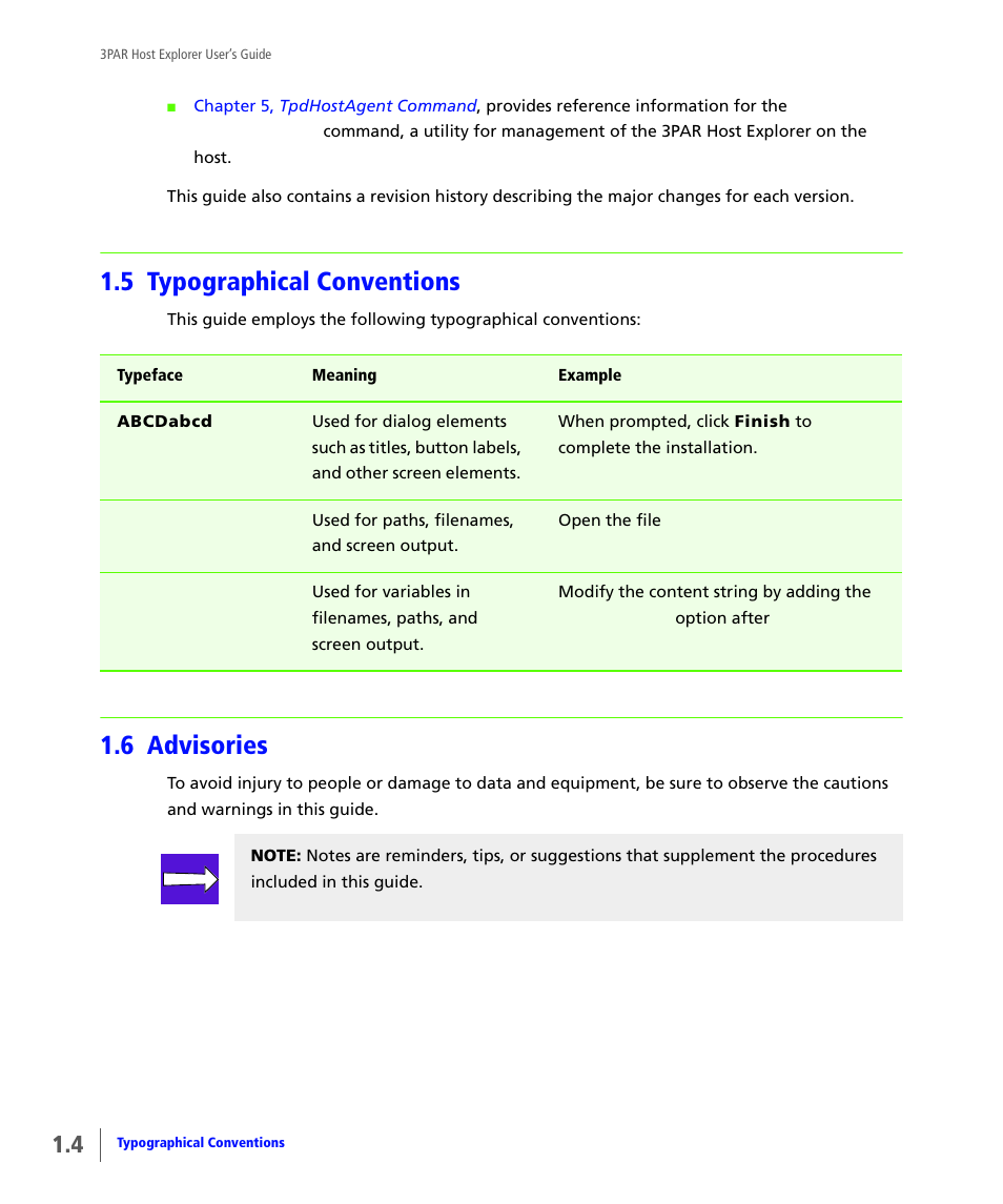 5 typographical conventions, 6 advisories, Typographical conventions | Advisories | HP 3PAR Host Explorer Software User Manual | Page 8 / 28