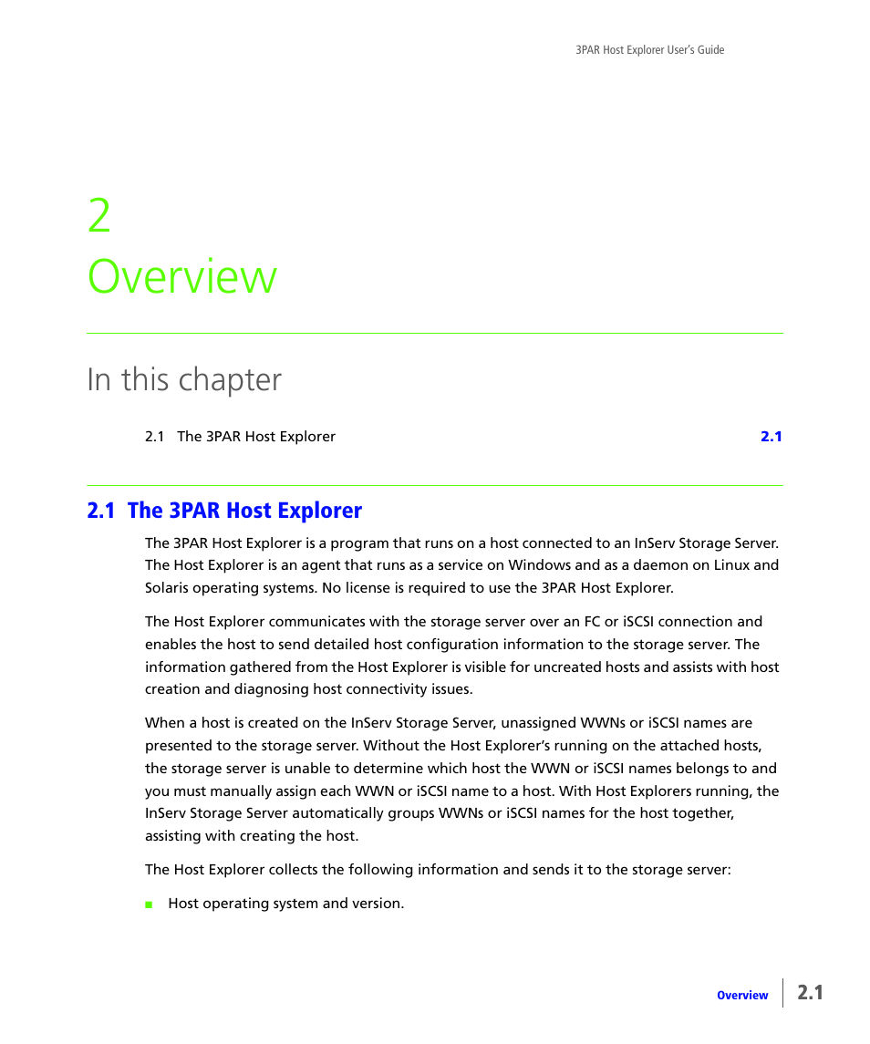 Overview, 1 the 3par host explorer, The 3par host explorer | Chapter 2, overview, 2 overview | HP 3PAR Host Explorer Software User Manual | Page 9 / 28