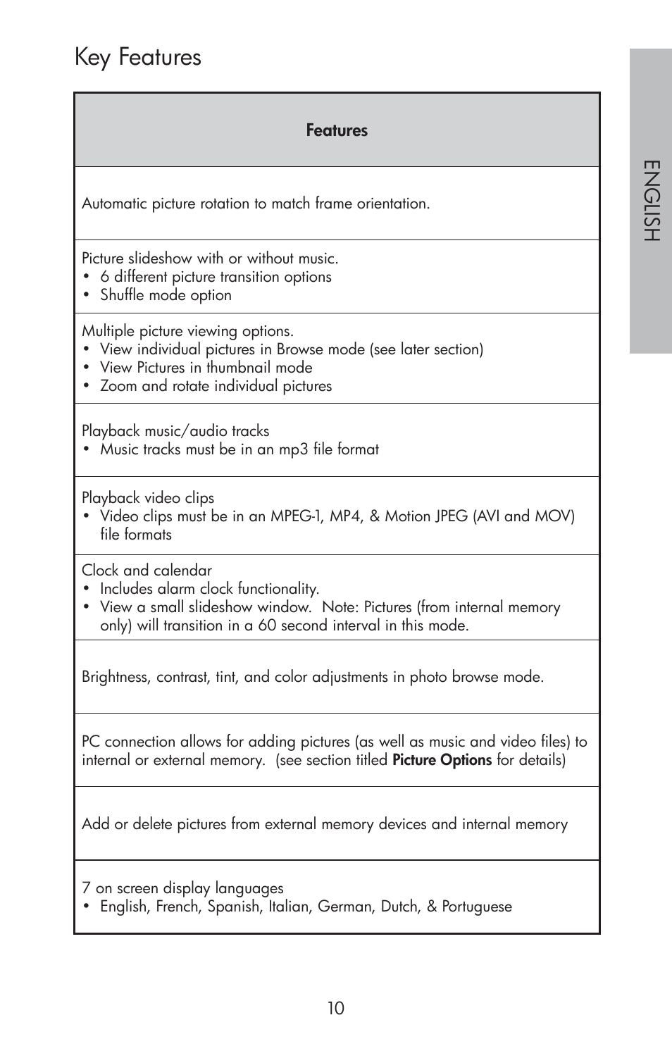 Key features, Engli sh | HP df810 Digital Picture Frame User Manual | Page 11 / 96