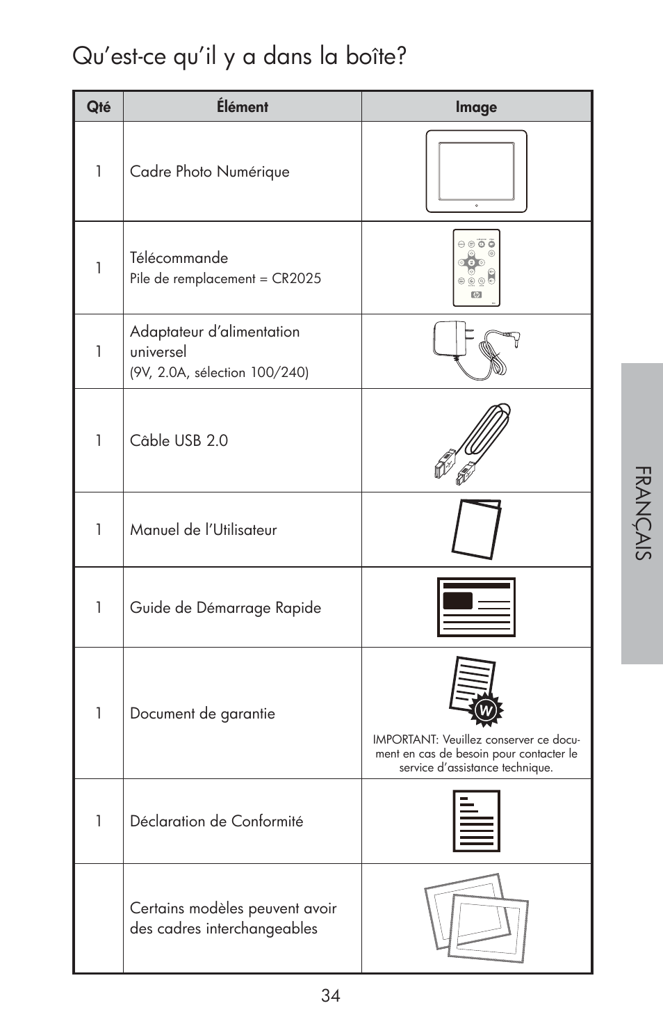 Qu’est-ce qu’il y a dans la boîte, Fr a nç a is | HP df810 Digital Picture Frame User Manual | Page 35 / 96