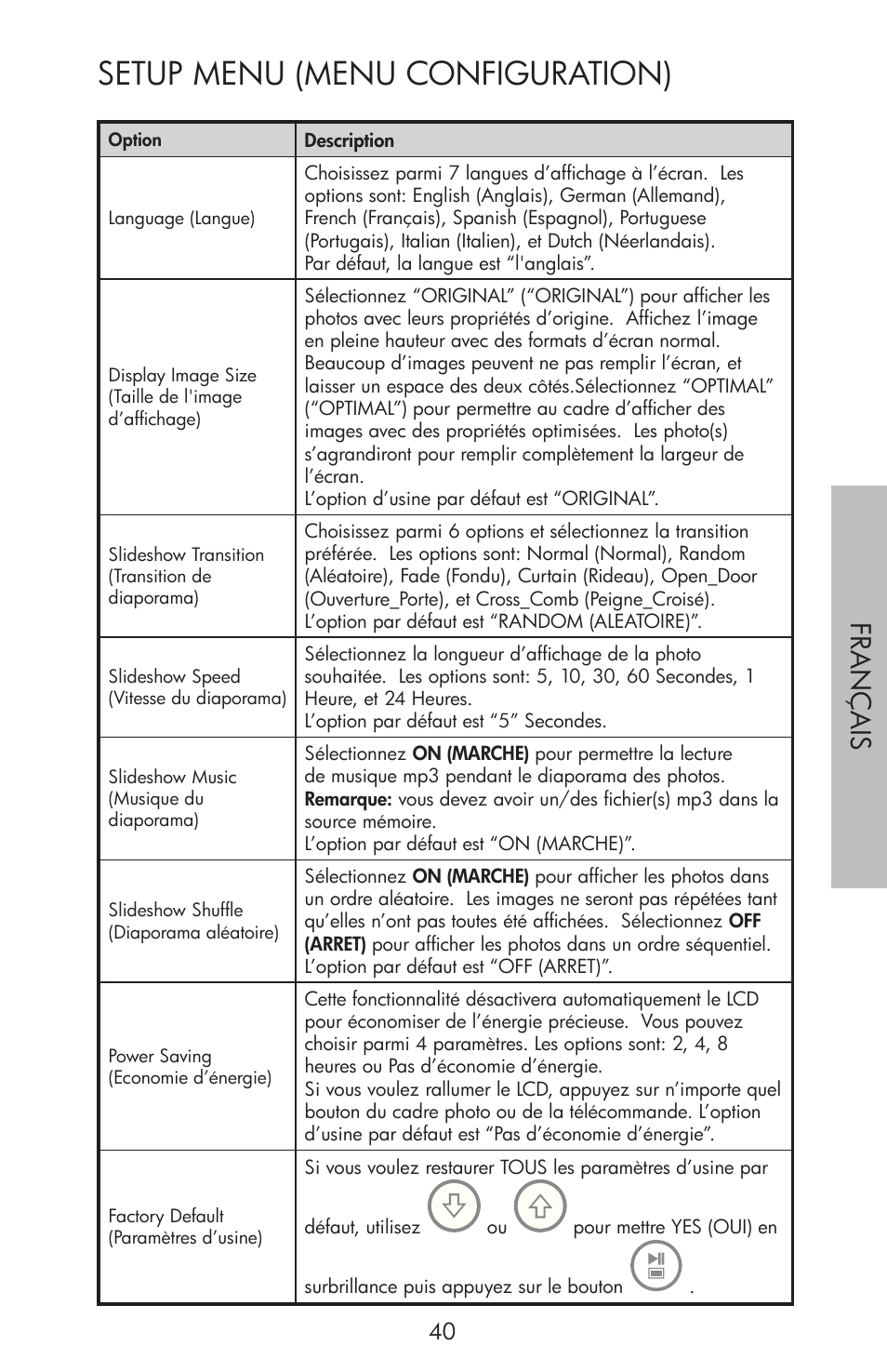 Setup menu (menu configuration), Fr a nç a is | HP df810 Digital Picture Frame User Manual | Page 41 / 96