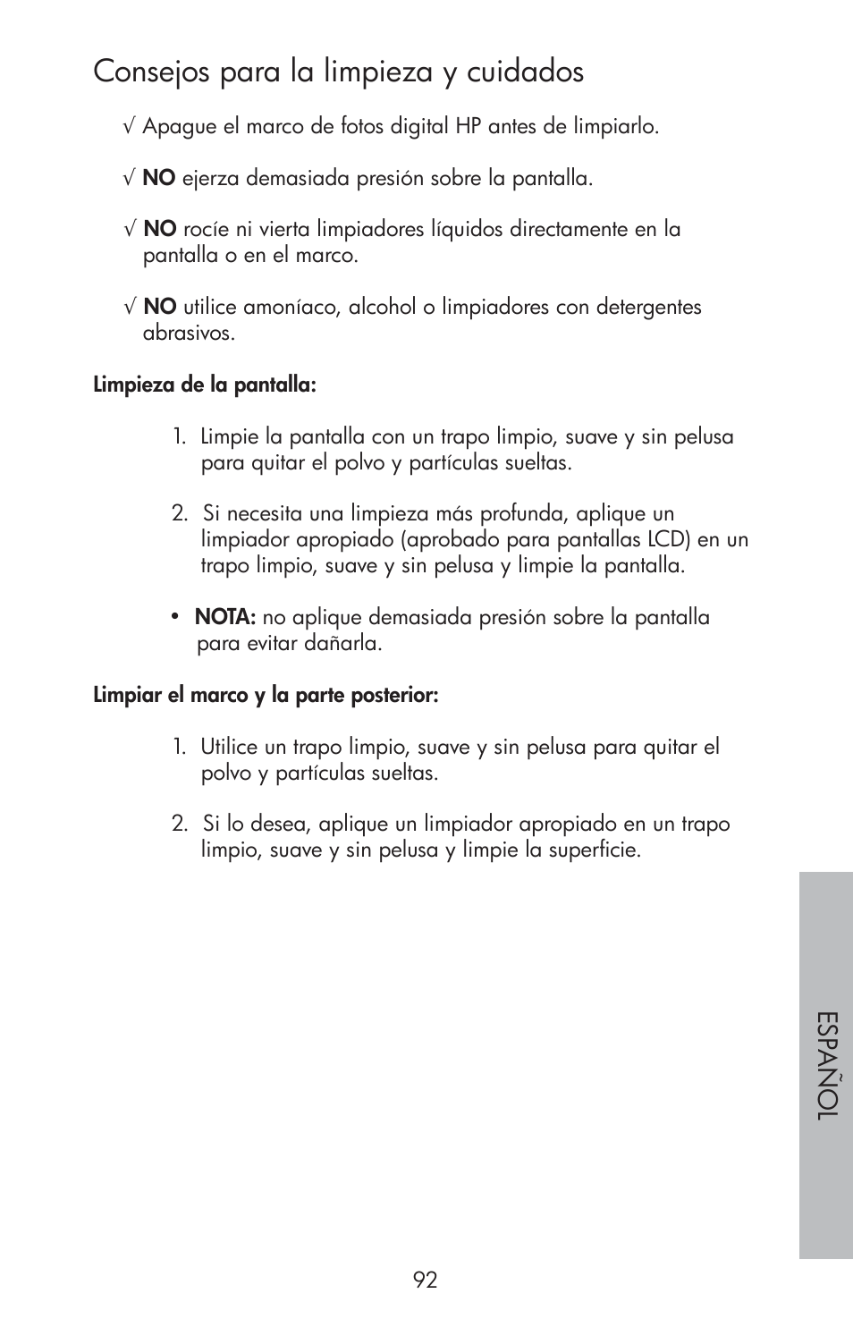 Consejos para la limpieza y cuidados | HP df810 Digital Picture Frame User Manual | Page 93 / 96