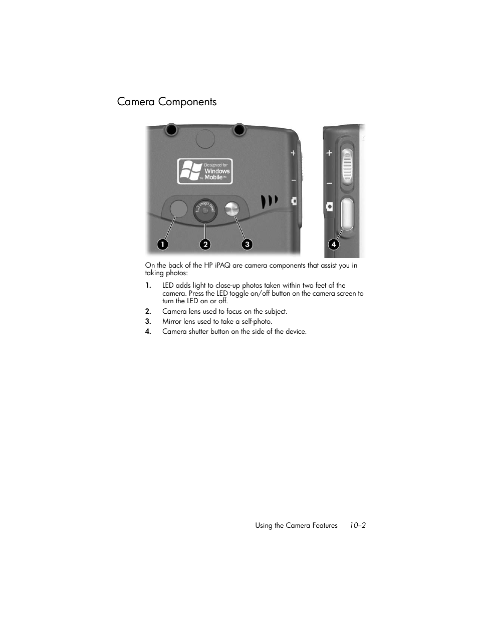 Camera components, Camera components –2 | HP iPAQ hw6500 Unlocked Mobile Messenger series User Manual | Page 105 / 170