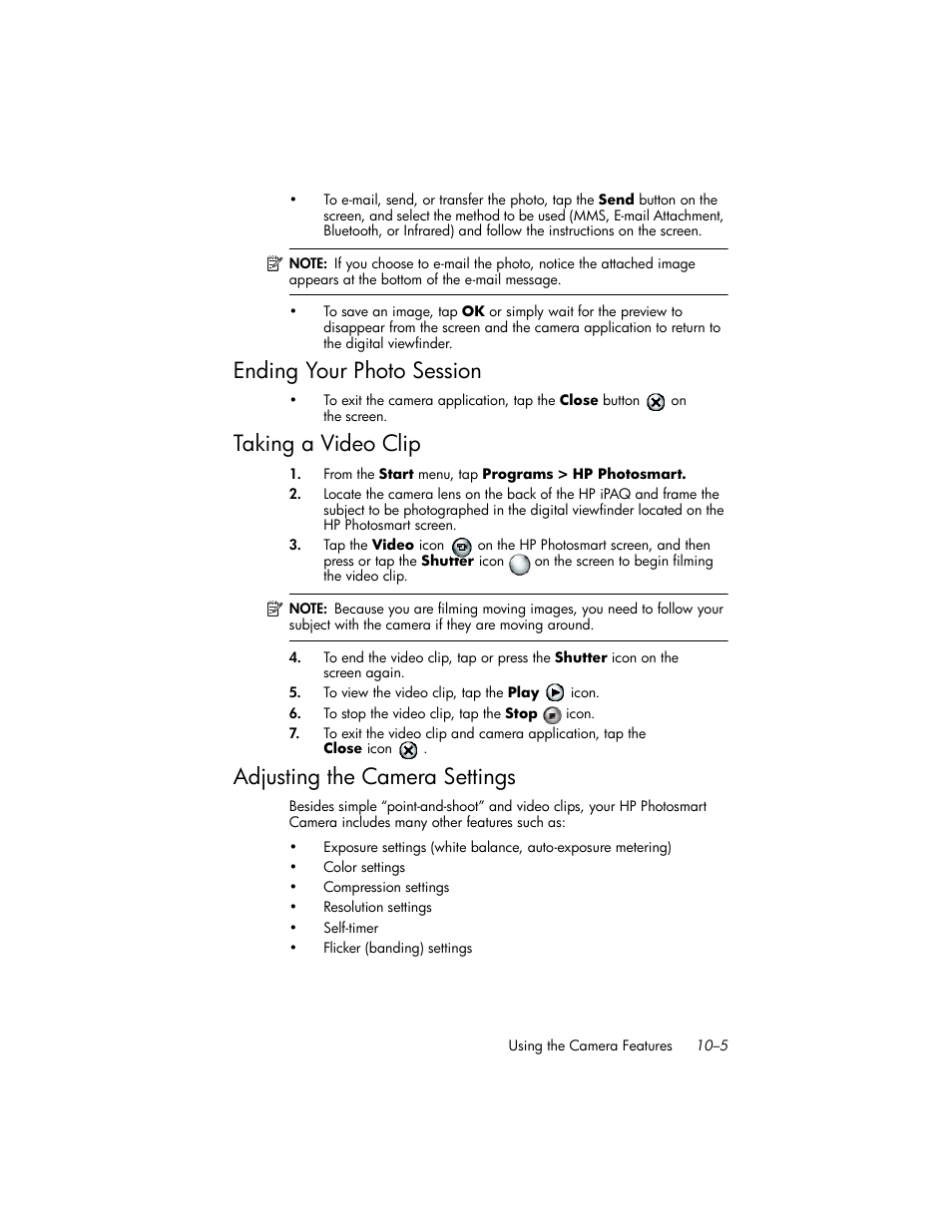 Ending your photo session, Taking a video clip, Adjusting the camera settings | Ending your photo session –5, Taking a video clip –5, Adjusting the camera settings –5 | HP iPAQ hw6500 Unlocked Mobile Messenger series User Manual | Page 108 / 170