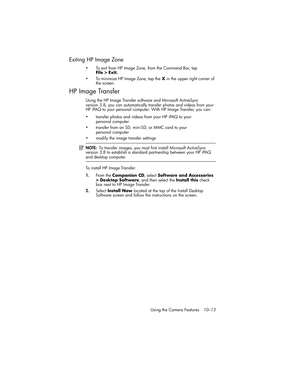 Exiting hp image zone, Hp image transfer, Exiting hp image zone –13 | Hp image transfer –13 | HP iPAQ hw6500 Unlocked Mobile Messenger series User Manual | Page 116 / 170