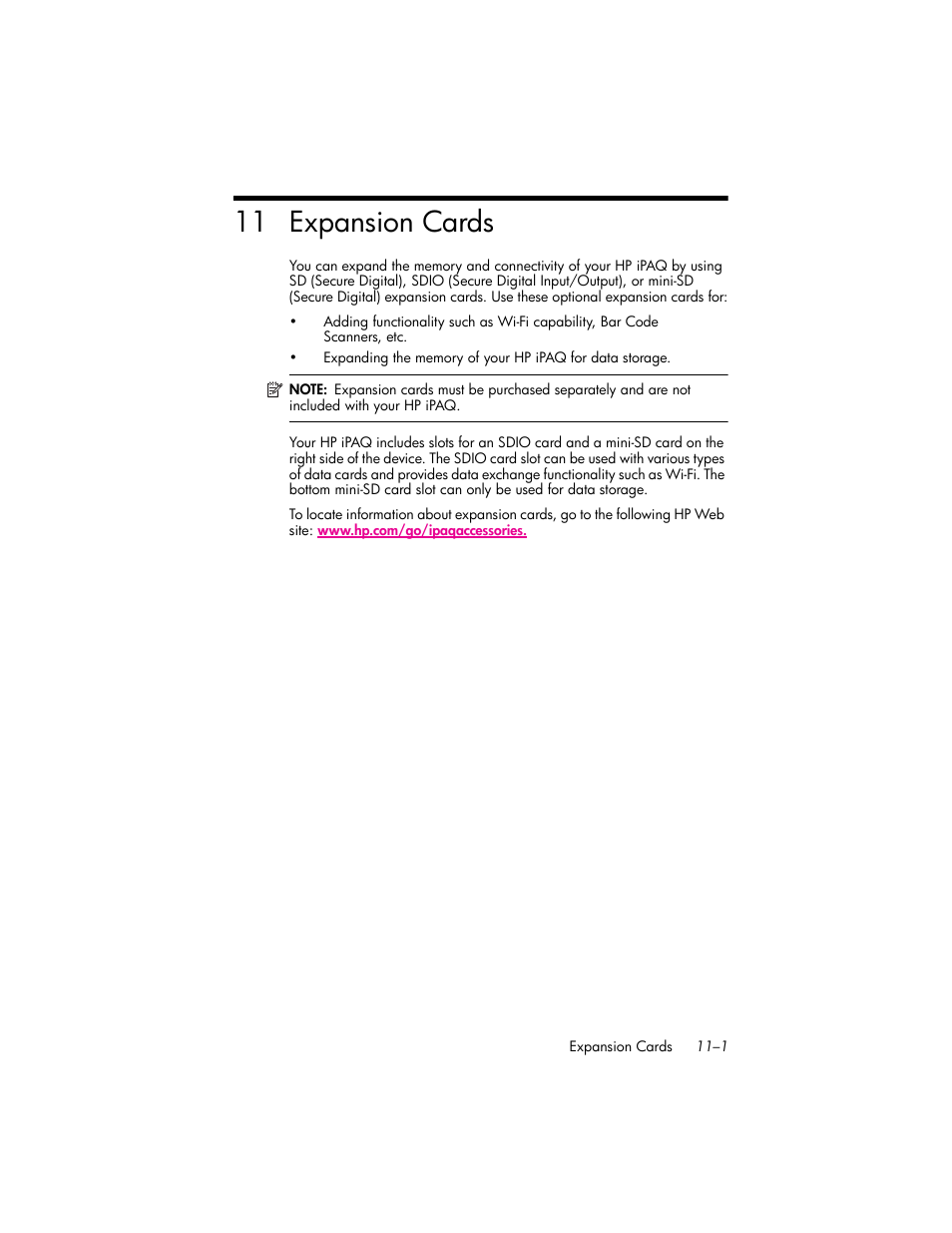 Expansion cards, 11expansion cards, 11 expansion cards | HP iPAQ hw6500 Unlocked Mobile Messenger series User Manual | Page 119 / 170