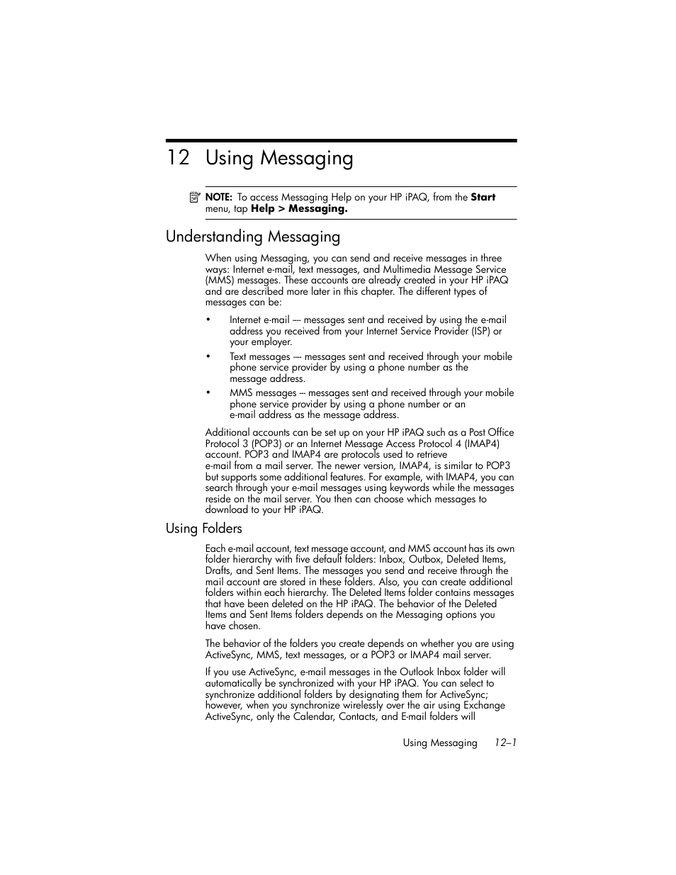 Using messaging, Understanding messaging, Using folders | 12using messaging, Understanding messaging –1, Using folders –1, 12 using messaging | HP iPAQ hw6500 Unlocked Mobile Messenger series User Manual | Page 122 / 170