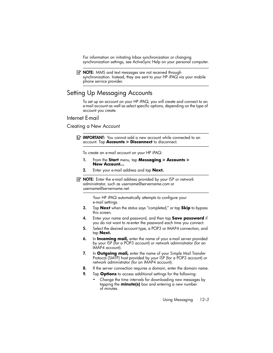 Setting up messaging accounts, Internet e-mail, Creating a new account | Setting up messaging accounts –3, Internet e-mail –3 | HP iPAQ hw6500 Unlocked Mobile Messenger series User Manual | Page 124 / 170