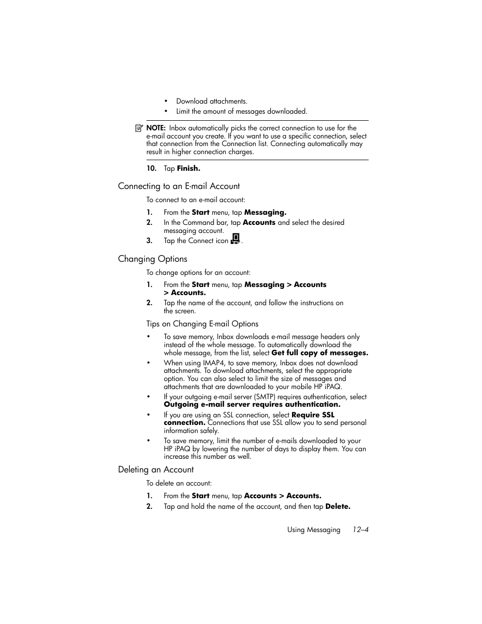 Connecting to an e-mail account, Changing options, Deleting an account | HP iPAQ hw6500 Unlocked Mobile Messenger series User Manual | Page 125 / 170