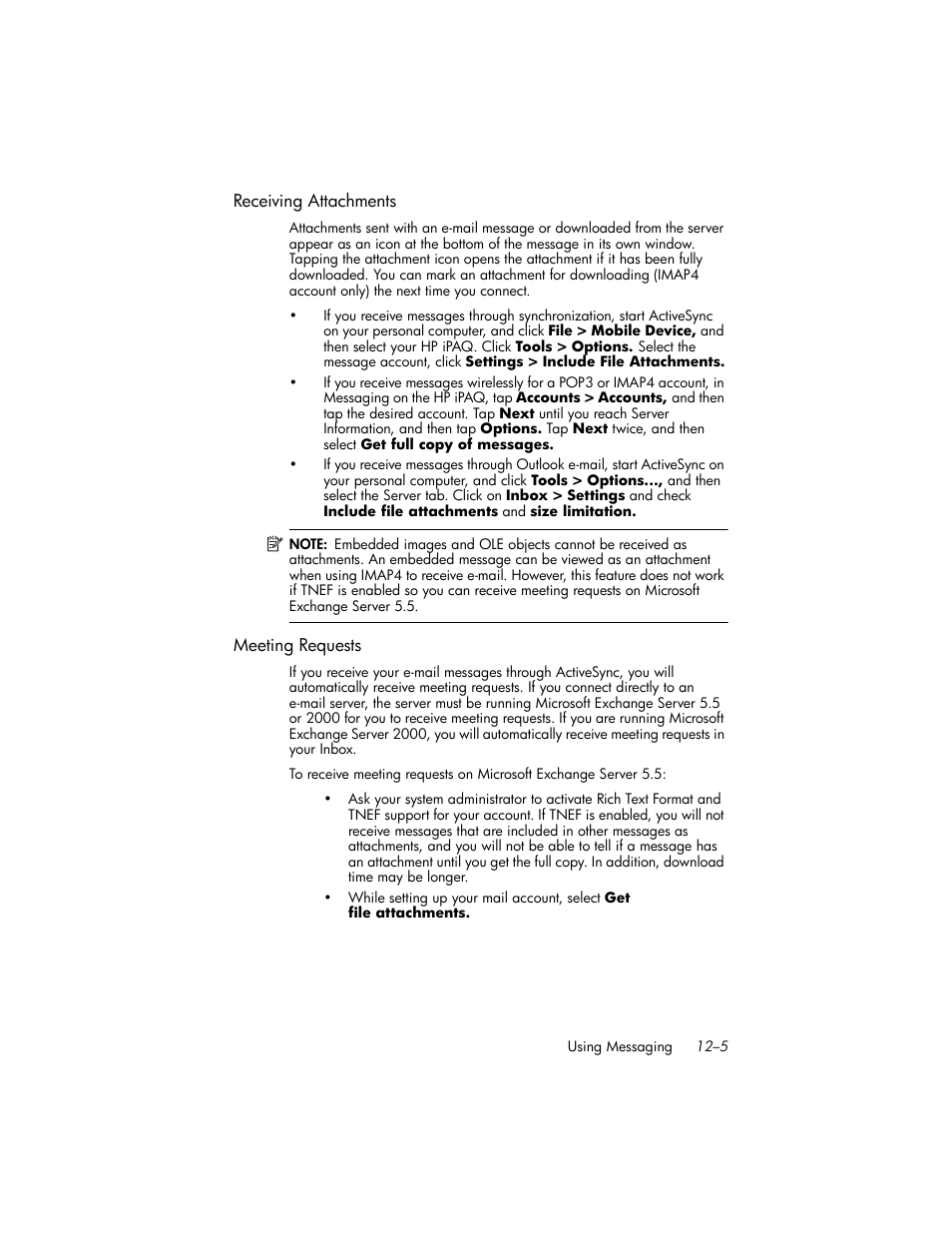 Receiving attachments, Meeting requests | HP iPAQ hw6500 Unlocked Mobile Messenger series User Manual | Page 126 / 170