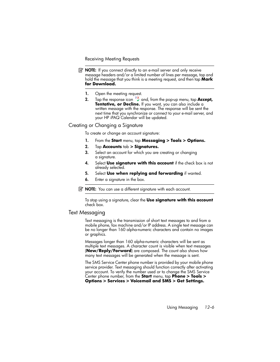Creating or changing a signature, Text messaging, Text messaging –6 | HP iPAQ hw6500 Unlocked Mobile Messenger series User Manual | Page 127 / 170
