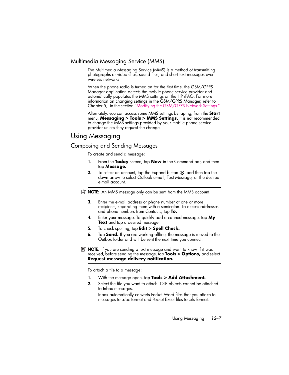 Multimedia messaging service (mms), Using messaging, Composing and sending messages | Multimedia messaging service (mms) –7, Using messaging –7, Composing and sending messages –7 | HP iPAQ hw6500 Unlocked Mobile Messenger series User Manual | Page 128 / 170