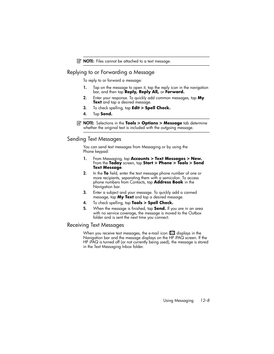 Replying to or forwarding a message, Sending text messages, Receiving text messages | Replying to or forwarding a message –8, Sending text messages –8, Receiving text messages –8 | HP iPAQ hw6500 Unlocked Mobile Messenger series User Manual | Page 129 / 170