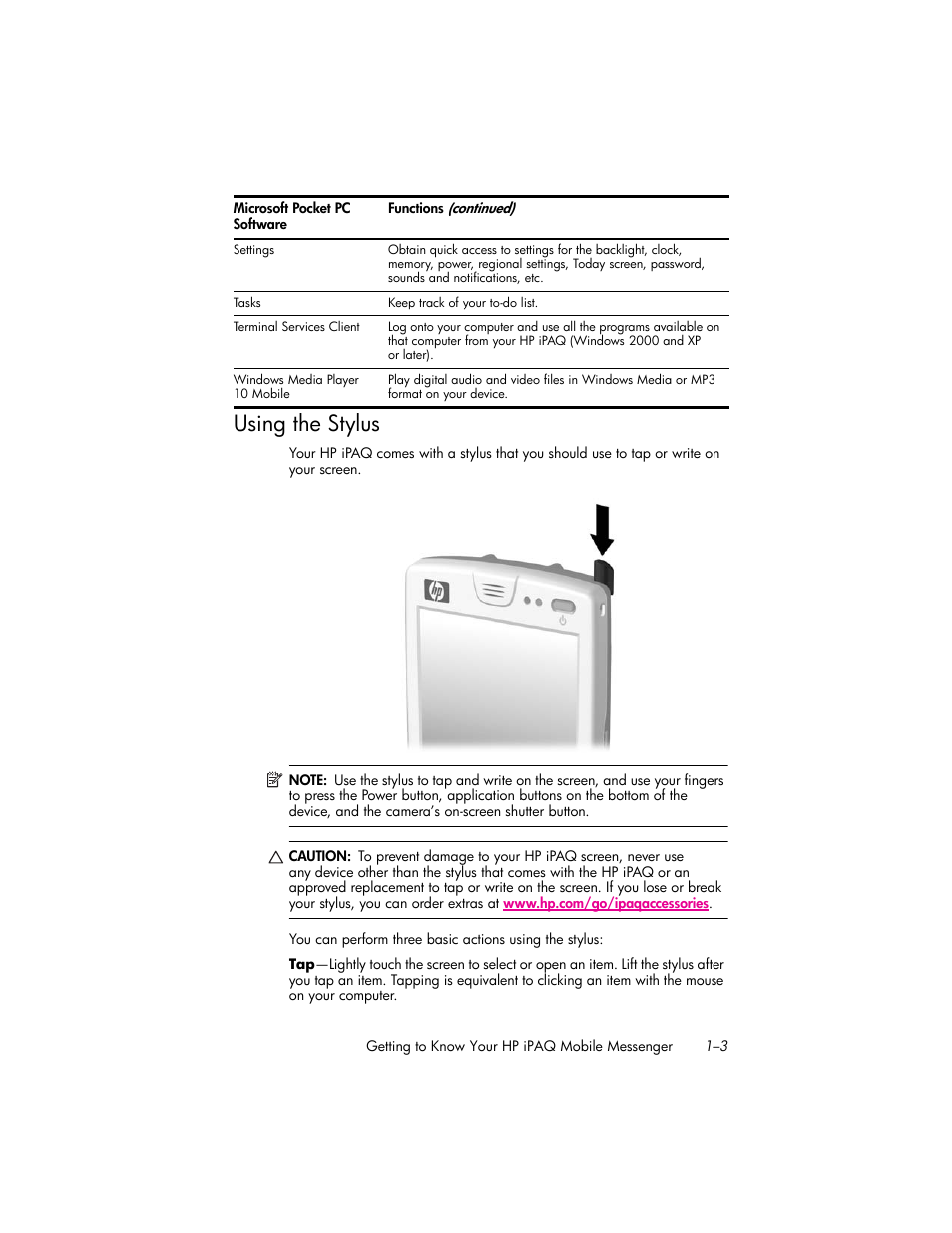 Using the stylus, Using the stylus –3 | HP iPAQ hw6500 Unlocked Mobile Messenger series User Manual | Page 13 / 170