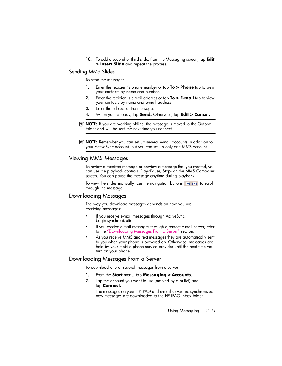 Sending mms slides, Viewing mms messages, Downloading messages | Downloading messages from a server, Viewing mms messages –11, Downloading messages –11, Downloading messages from a server –11 | HP iPAQ hw6500 Unlocked Mobile Messenger series User Manual | Page 132 / 170