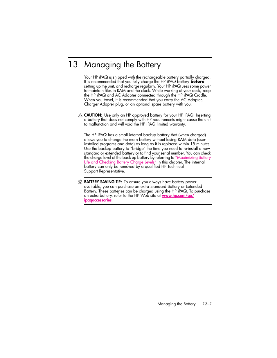 Managing the battery, 13managing the battery, 13 managing the battery | HP iPAQ hw6500 Unlocked Mobile Messenger series User Manual | Page 134 / 170