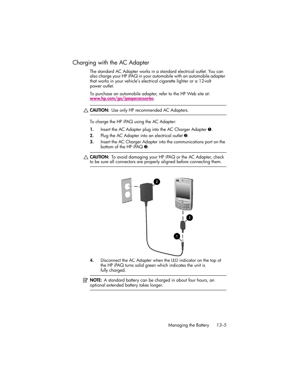 Charging with the ac adapter, Charging with the ac adapter –5 | HP iPAQ hw6500 Unlocked Mobile Messenger series User Manual | Page 138 / 170