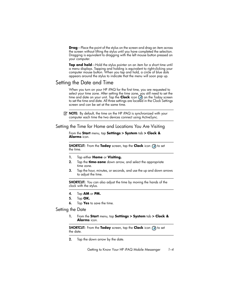 Setting the date and time, Setting the date, Setting the date and time –4 | Setting the date –4 | HP iPAQ hw6500 Unlocked Mobile Messenger series User Manual | Page 14 / 170