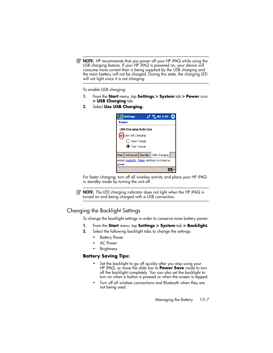 Changing the backlight settings, Changing the backlight settings –7 | HP iPAQ hw6500 Unlocked Mobile Messenger series User Manual | Page 140 / 170