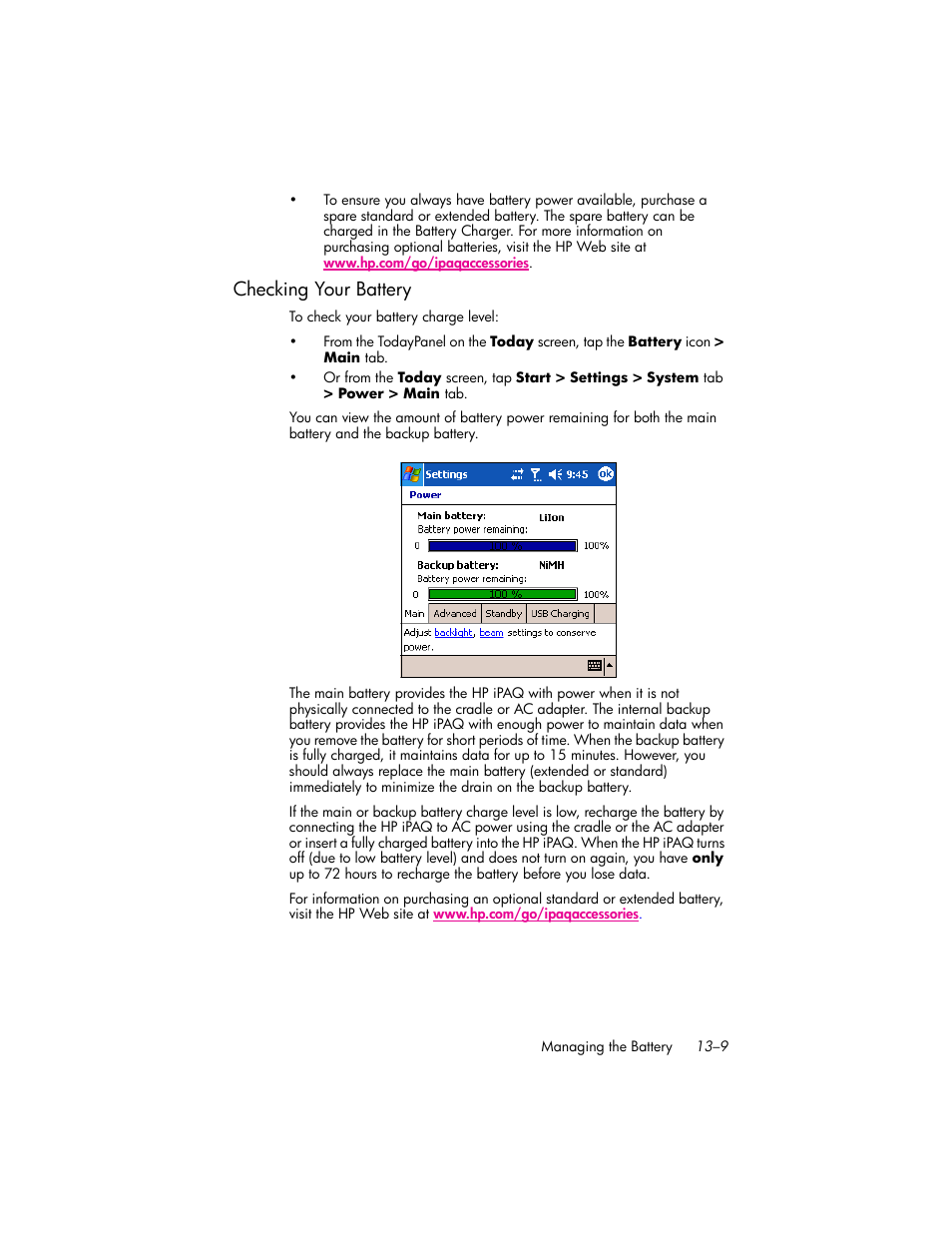 Checking your battery, Checking your battery –9 | HP iPAQ hw6500 Unlocked Mobile Messenger series User Manual | Page 142 / 170