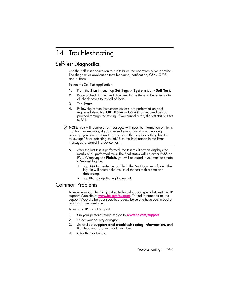 Troubleshooting, Self-test diagnostics, Common problems | 14troubleshooting, Self-test diagnostics –1, Common problems –1, 14 troubleshooting | HP iPAQ hw6500 Unlocked Mobile Messenger series User Manual | Page 144 / 170