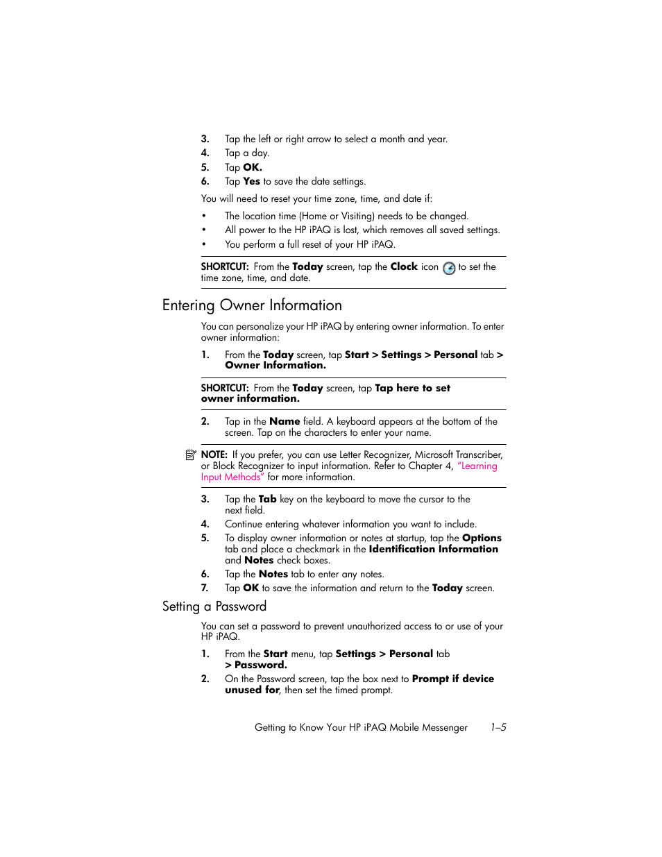 Entering owner information, Setting a password, Entering owner information –5 | Setting a password –5 | HP iPAQ hw6500 Unlocked Mobile Messenger series User Manual | Page 15 / 170