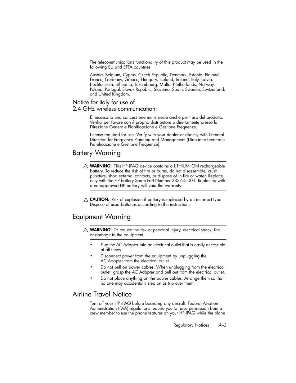 Battery warning, Equipment warning, Airline travel notice | Notice for italy for use of | HP iPAQ hw6500 Unlocked Mobile Messenger series User Manual | Page 155 / 170