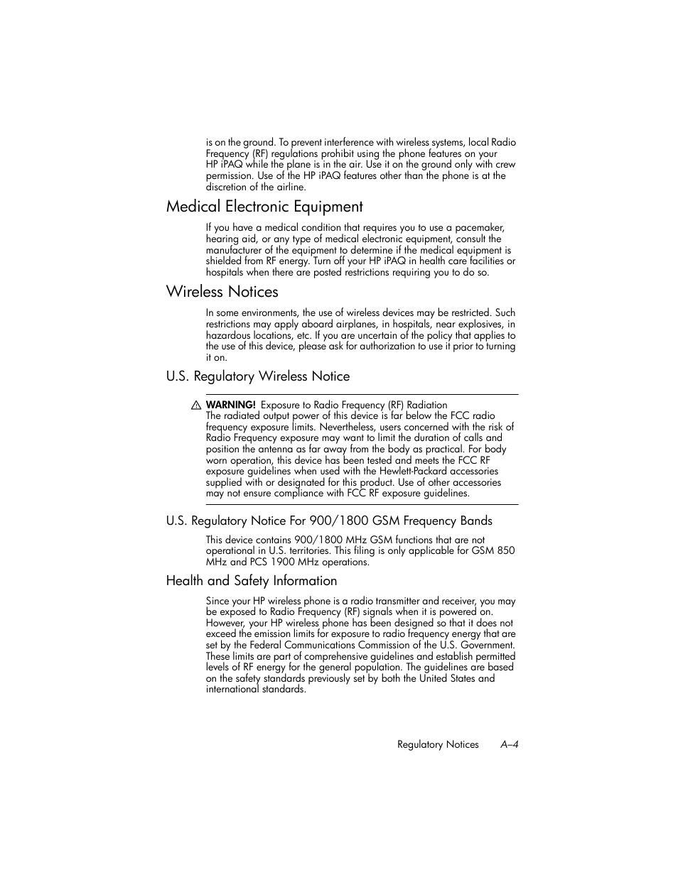 Medical electronic equipment, Wireless notices, U.s. regulatory wireless notice | Health and safety information | HP iPAQ hw6500 Unlocked Mobile Messenger series User Manual | Page 156 / 170