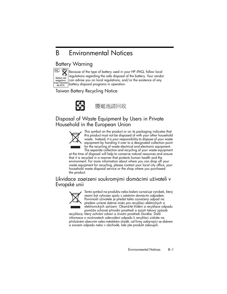 Environmental notices, Battery warning, Taiwan battery recycling notice | B environmental notices, Disposal of waste equipment by users in private, Likvidace zaøízení soukromými domácími uživateli v, Benvironmental notices | HP iPAQ hw6500 Unlocked Mobile Messenger series User Manual | Page 159 / 170