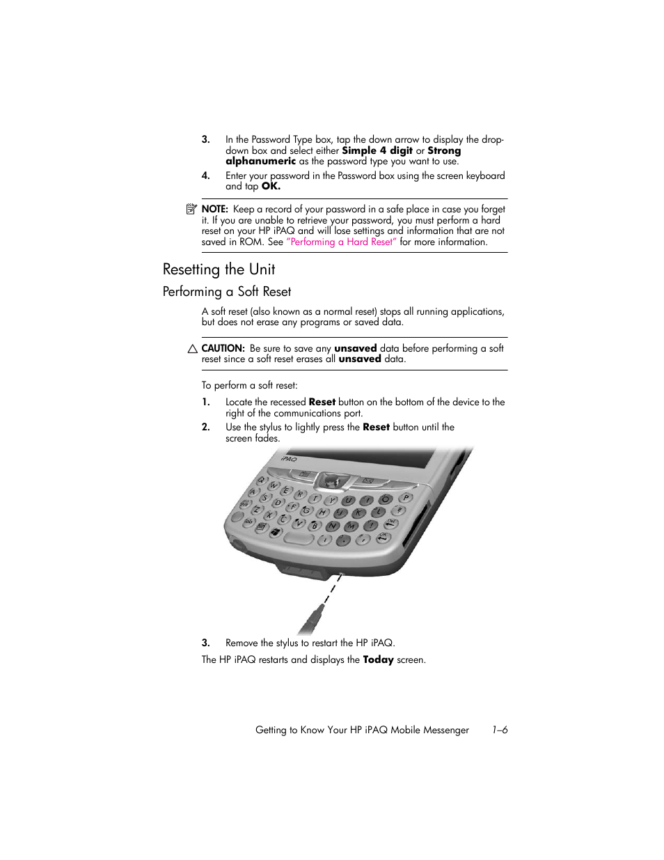 Resetting the unit, Performing a soft reset, Resetting the unit –6 | Performing a soft reset –6 | HP iPAQ hw6500 Unlocked Mobile Messenger series User Manual | Page 16 / 170
