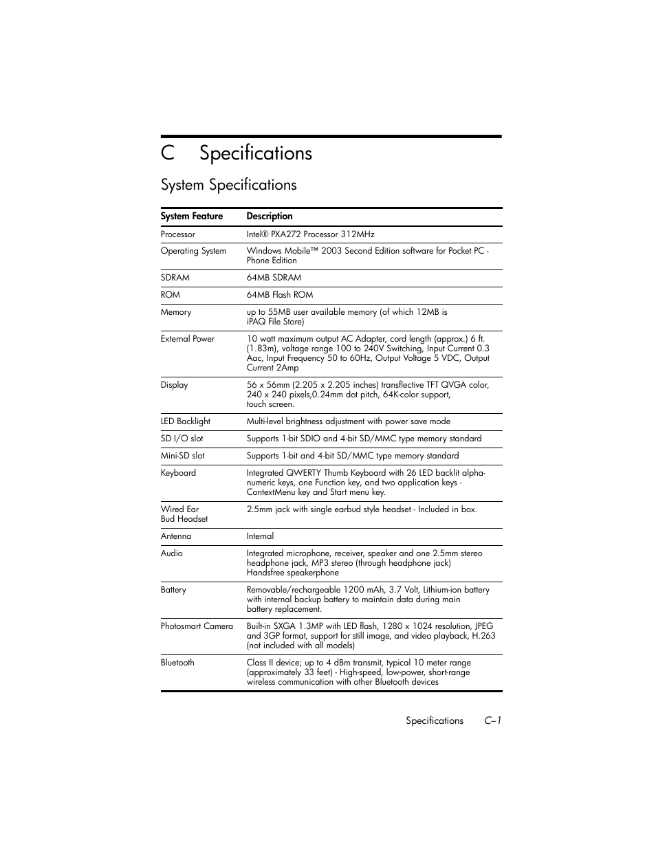 Specifications, System specifications, C specifications | HP iPAQ hw6500 Unlocked Mobile Messenger series User Manual | Page 166 / 170