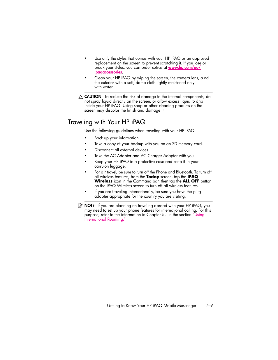 Traveling with your hp ipaq, Traveling with your hp ipaq –9 | HP iPAQ hw6500 Unlocked Mobile Messenger series User Manual | Page 19 / 170