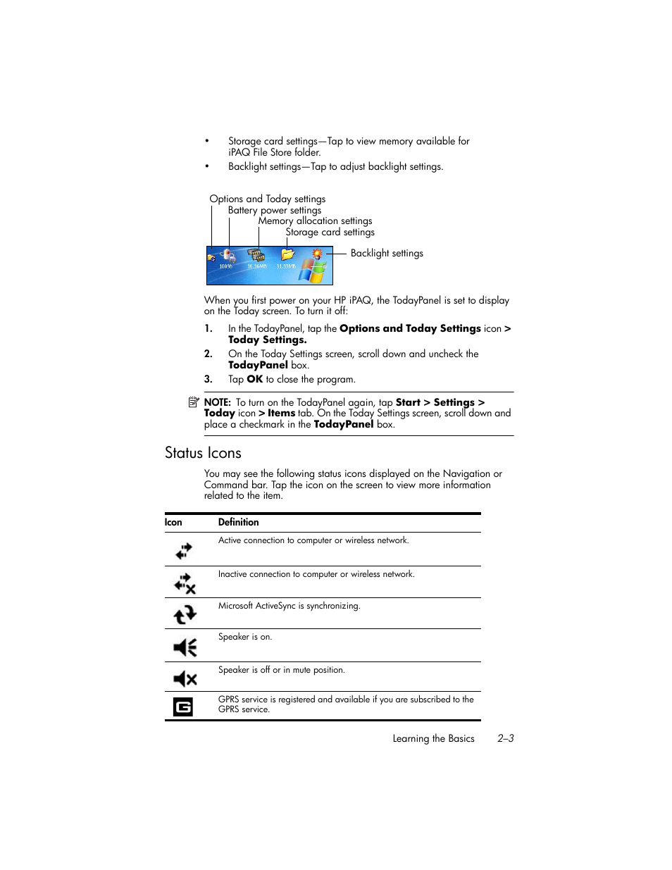 Status icons, Status icons –3 | HP iPAQ hw6500 Unlocked Mobile Messenger series User Manual | Page 22 / 170