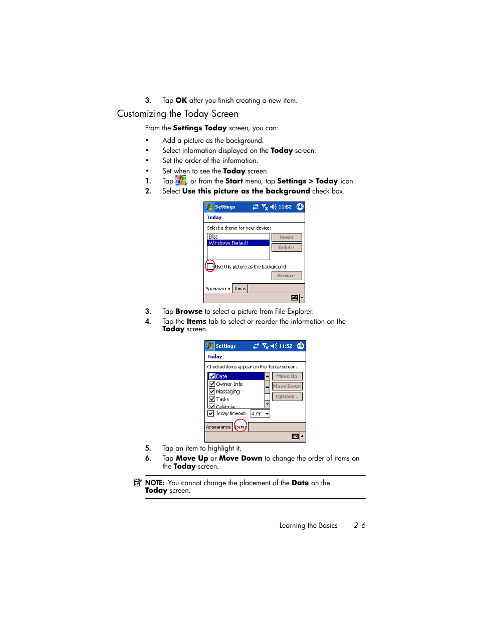 Customizing the today screen, Customizing the today screen –6 | HP iPAQ hw6500 Unlocked Mobile Messenger series User Manual | Page 25 / 170