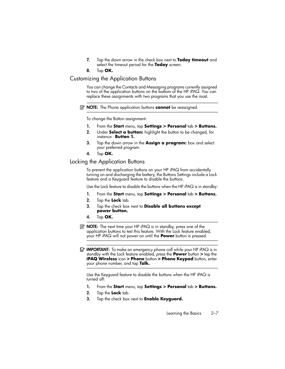 Customizing the application buttons, Locking the application buttons, Customizing the application buttons –7 | Locking the application buttons –7 | HP iPAQ hw6500 Unlocked Mobile Messenger series User Manual | Page 26 / 170