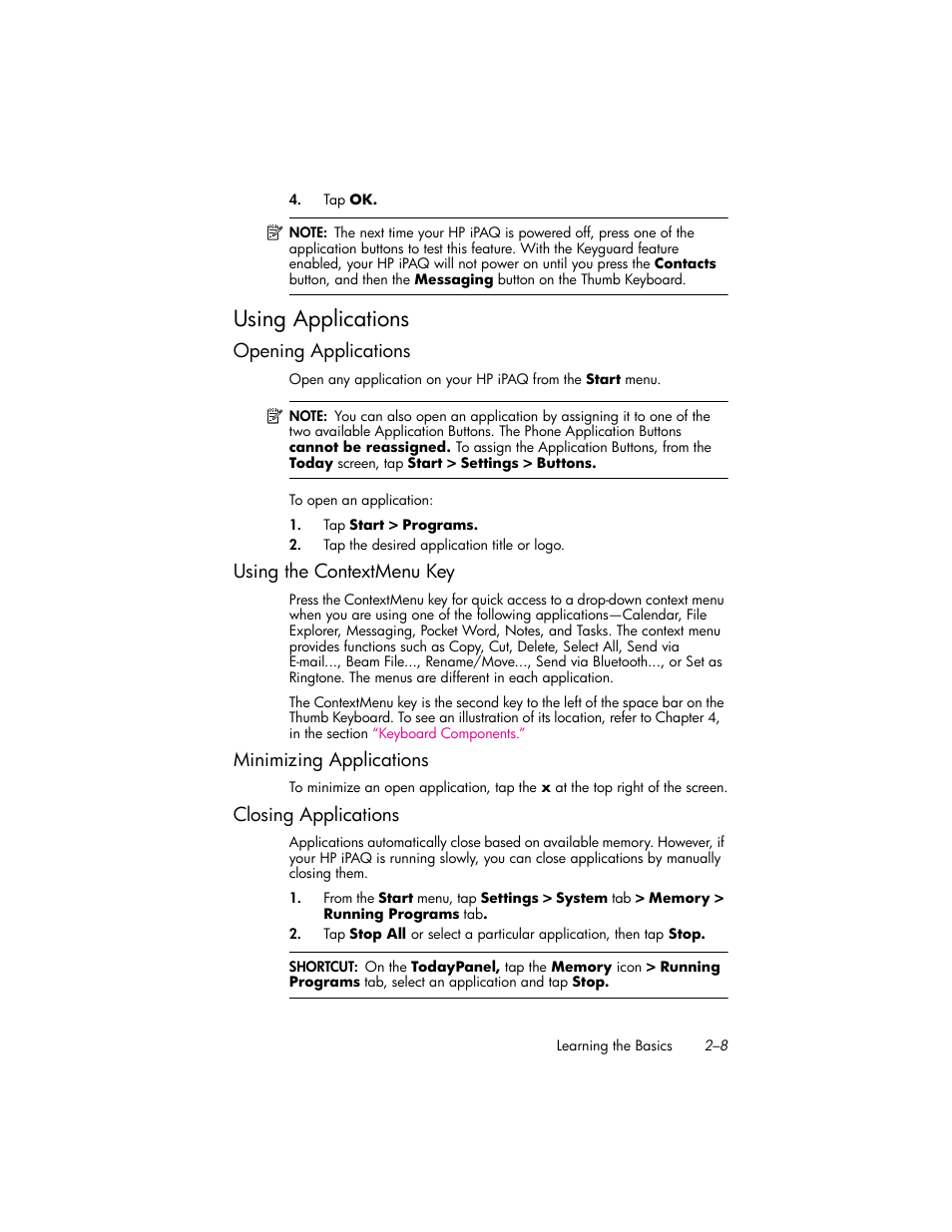 Using applications, Opening applications, Using the contextmenu key | Minimizing applications, Closing applications, Using applications –8, Opening applications –8, Using the contextmenu key –8, Minimizing applications –8, Closing applications –8 | HP iPAQ hw6500 Unlocked Mobile Messenger series User Manual | Page 27 / 170