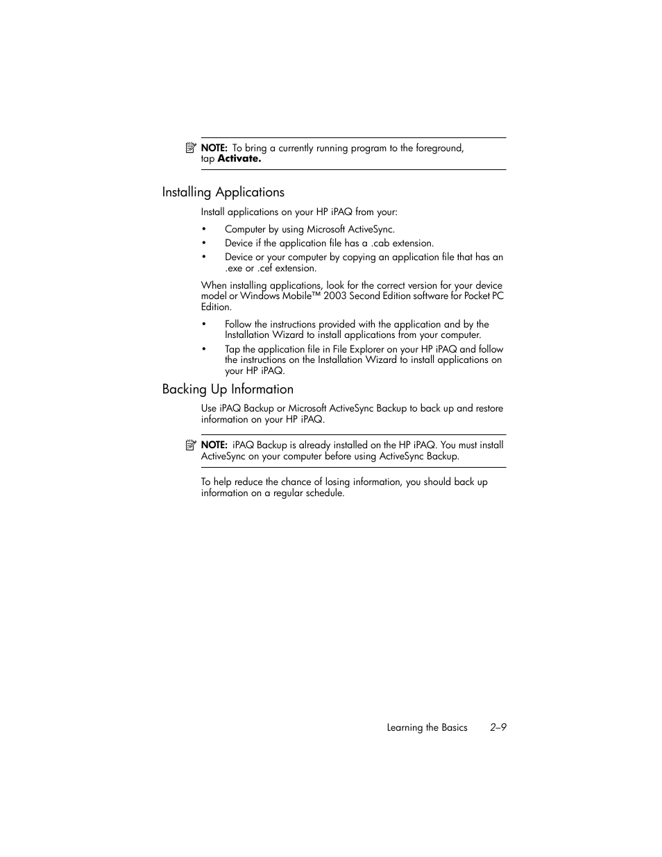 Installing applications, Backing up information, Installing applications –9 | Backing up information –9 | HP iPAQ hw6500 Unlocked Mobile Messenger series User Manual | Page 28 / 170