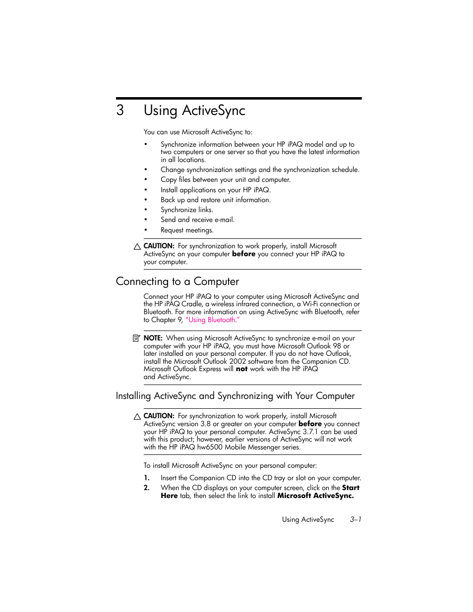 Using activesync, Connecting to a computer, 3 using activesync | Connecting to a computer –1, Installing activesync and synchronizing with, Your computer –1, 3using activesync | HP iPAQ hw6500 Unlocked Mobile Messenger series User Manual | Page 31 / 170