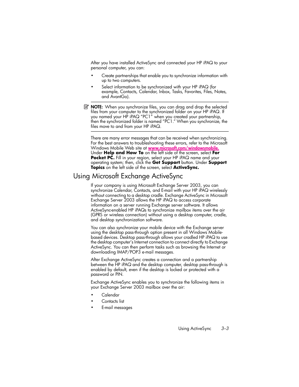 Using microsoft exchange activesync, Using microsoft exchange activesync –3 | HP iPAQ hw6500 Unlocked Mobile Messenger series User Manual | Page 33 / 170