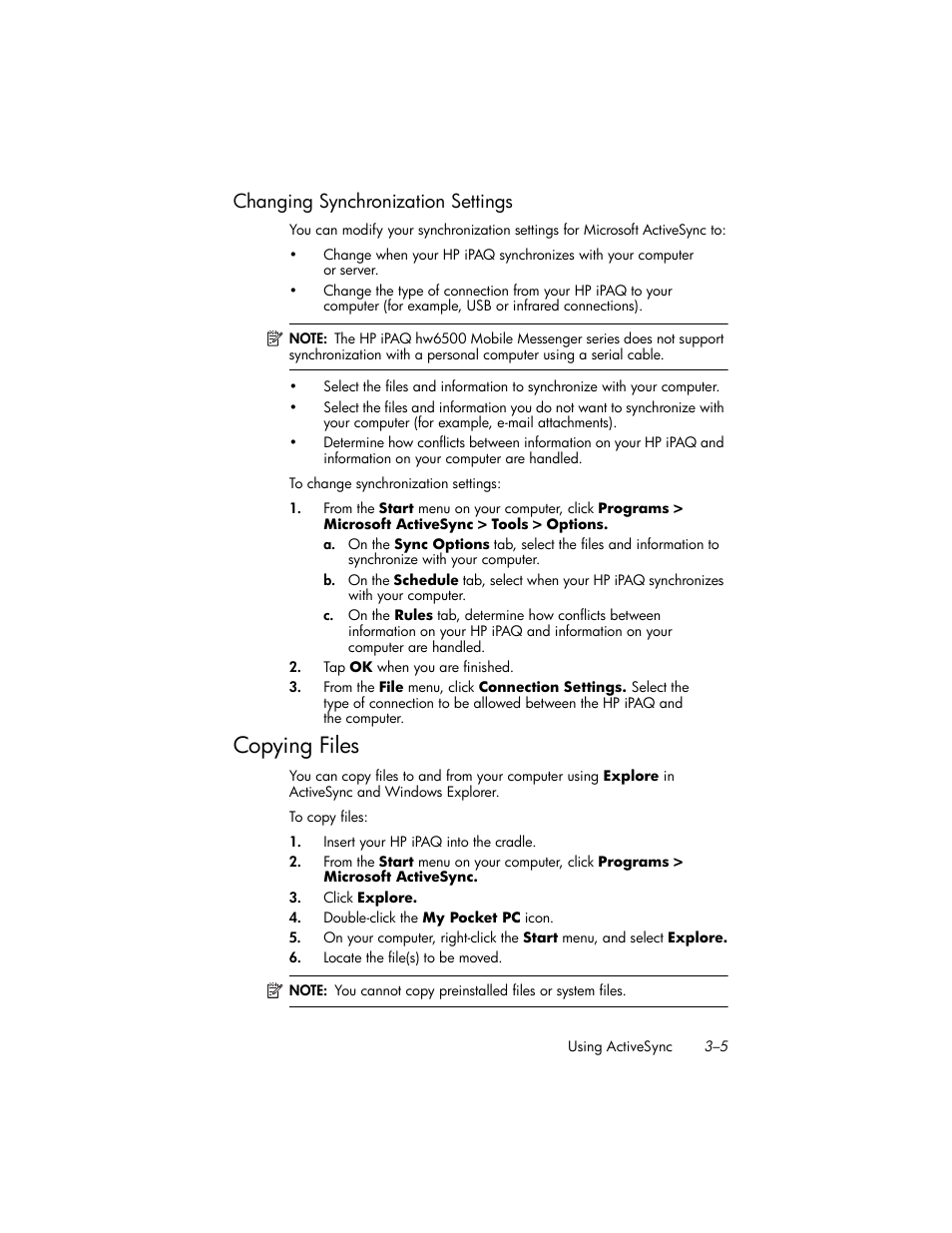 Changing synchronization settings, Copying files, Changing synchronization settings –5 | Copying files –5 | HP iPAQ hw6500 Unlocked Mobile Messenger series User Manual | Page 35 / 170