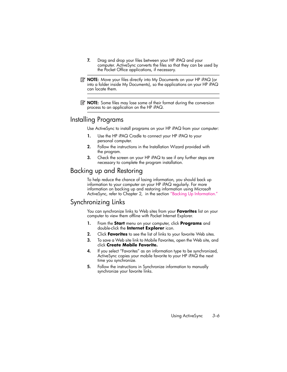 Installing programs, Backing up and restoring, Synchronizing links | Installing programs –6, Backing up and restoring –6, Synchronizing links –6 | HP iPAQ hw6500 Unlocked Mobile Messenger series User Manual | Page 36 / 170