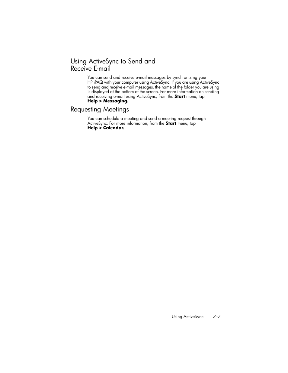 Using activesync to send and receive e-mail, Requesting meetings, Using activesync to send and | Receive e-mail –7, Requesting meetings –7 | HP iPAQ hw6500 Unlocked Mobile Messenger series User Manual | Page 37 / 170