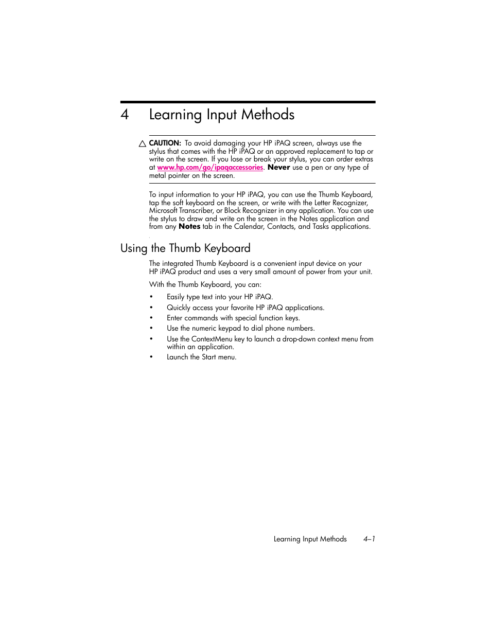 Learning input methods, Using the thumb keyboard, 4 learning input methods | Using the thumb keyboard –1, 4learning input methods | HP iPAQ hw6500 Unlocked Mobile Messenger series User Manual | Page 38 / 170