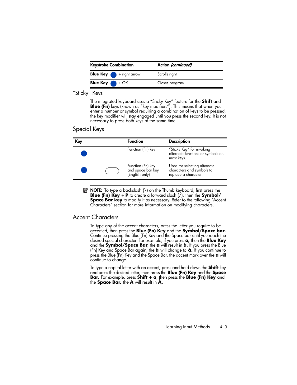 Sticky” keys, Special keys, Accent characters | Special keys –3, Accent characters –3 | HP iPAQ hw6500 Unlocked Mobile Messenger series User Manual | Page 40 / 170