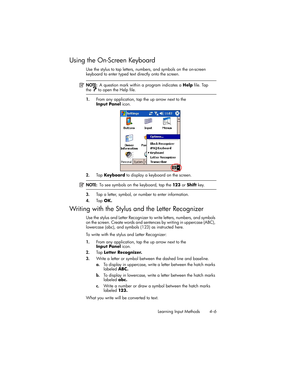 Using the on-screen keyboard, Writing with the stylus and the letter recognizer, Using the on-screen keyboard –6 | HP iPAQ hw6500 Unlocked Mobile Messenger series User Manual | Page 43 / 170